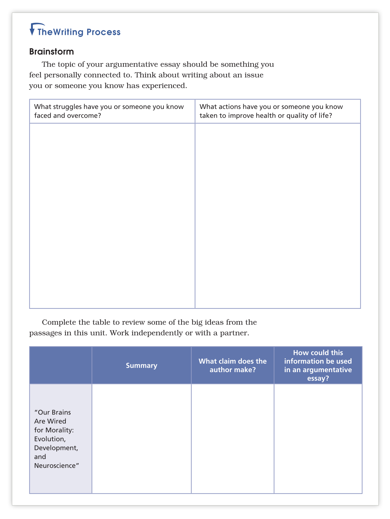 writing process- brainstorm step with graphic organizer