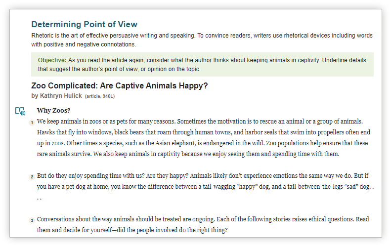 close reading passage focused on determining point of view