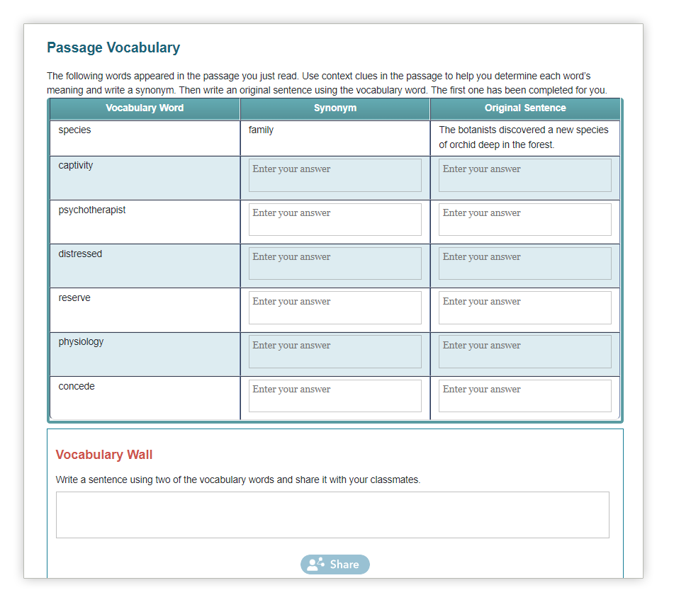 activity to practice selection vocabulary