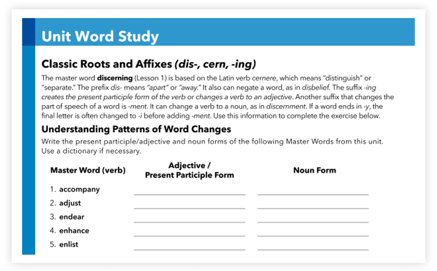 Sample pages of the unit word study