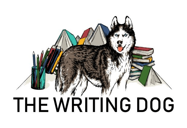 dog with writing tools and books